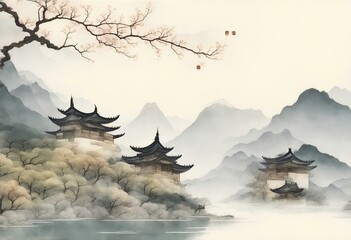 Traditional Chinese house hill scenery landscape watercolor painting wallpaper oriental background