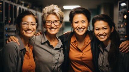 Obraz premium Group of multicultural and Asian senior women working in a server room. Generative AI