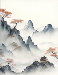 Traditional Chinese house hill scenery landscape watercolor painting wallpaper oriental background - obrazy, fototapety, plakaty