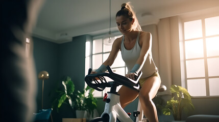 Young woman doing cardio exercises on stationary bike at the gym, unrecognizable female doing sport biking in the gym for fitness in the morning, healthy lifestyle concepts. - obrazy, fototapety, plakaty