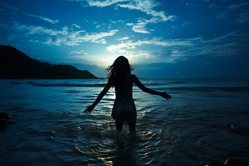 Ethereal young woman joyfully splashing water under lunar glow at a secluded beach, embodying freedom and serenity in a magical nightscape.