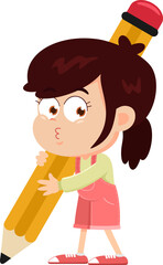 Cute School Girl Cartoon Character Holding A Pencil. Vector Illustration Flat Design Isolated On Transparent Background