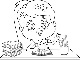 Outlined Cute School Girl Cartoon Character Raising Hand In Classroom Sitting At Desk. Vector Hand Drawn Illustration Isolated On Transparent Background