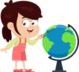 Happy School Girl Cartoon Character Showing In The Globe. Vector Illustration Flat Design Isolated On Transparent Background