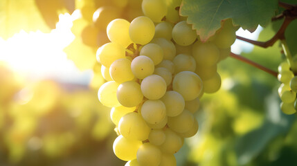 Close up bunch of green wine grapes hanging on vine in summer vineyard, tasty fresh green grape...