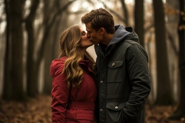 Young beautiful couple kissing on a date in the autumn park on a cloudy day