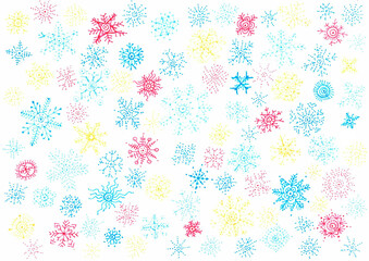 Snowflakes background. Delicate with fine details. Different in shape and size. Different shades of blue, pink and yellow. White background. Winter background. Abstraction.