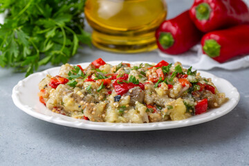 Turkish style eggplant appetizer, eggplant salad, Roasted Eggplant Salad, Turkish name; Patlican salatasi, babaganus