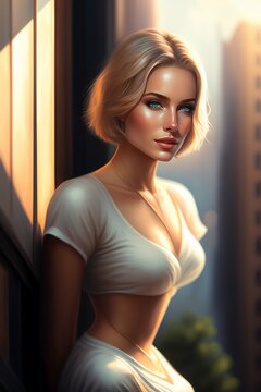 portrait of a woman beautiful woman, short blonde hair, bob cut, t-shirt, wet, on the ledge of a building, intricate, elegant, sharp focus, illustration, highly detailed, digital painting, concept art