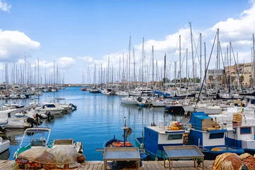 Fotobehang Palermo, Italy - August 5, 2023: Boats in the port in La Cala district of Palermo, Sicily © Olga