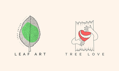 Hand drawn sketch leave, plant, hand and love . Line art vector illustration. 