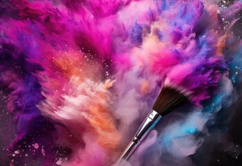 Make up brushes and colorful powder dust explosion background. - obrazy, fototapety, plakaty