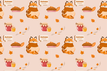 Cozy seamless autumn pattern with fox, leaves and jam. Vector illustration