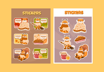 Autumn stickers with foxes. Vector illustration