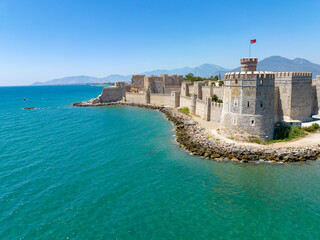 Fototapeta premium Aerial view of the Mamure Castle or Anamur Castle in Anamur Town, Turkey