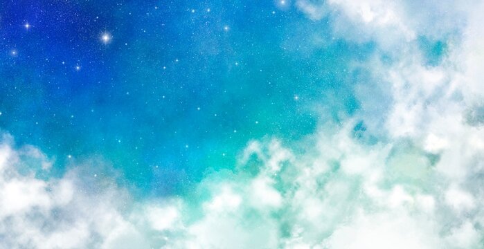 キラキラ輝く星空と雲の背景, グラデーションが美しい空のイメージ