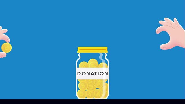 Charity donation 4K animation with a jar of coin and hands. Raising funds, Man donating gold coins in a jar animation. Giving charity to poor people.