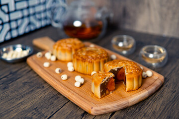 Chinese mid-autumn mooncake festival with egg yolk and tea
