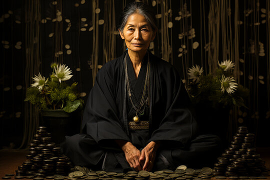Mysterious Japanese fortune teller in subdued kimono, holding I-Ching coins against a plain background. Exudes mysticism, culture and intuition.