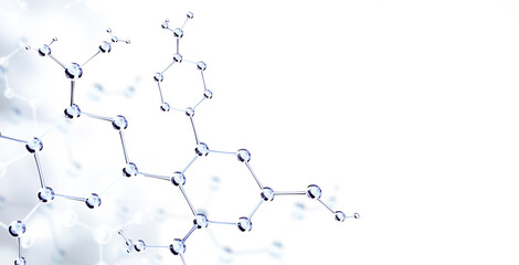 Horizontal banner with model of abstract molecular structure. Background of white color with glass...