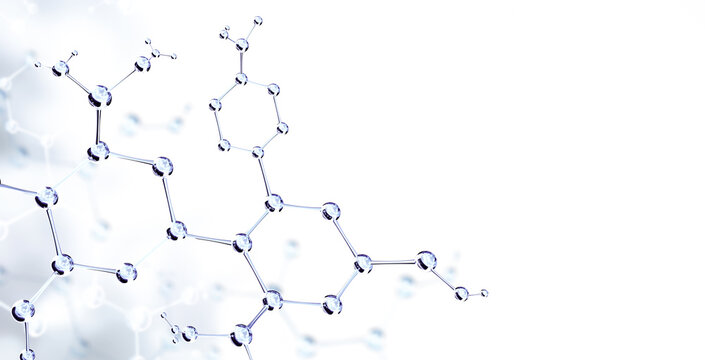Horizontal banner with model of abstract molecular structure. Background of white color with glass atom model. 3d render