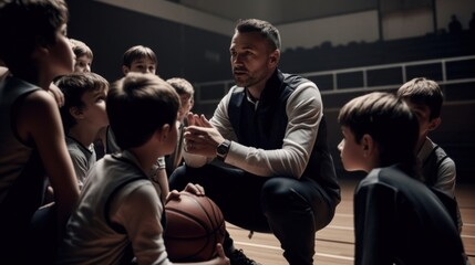 Obraz premium Basketball team listens to coach attentively. Generative AI