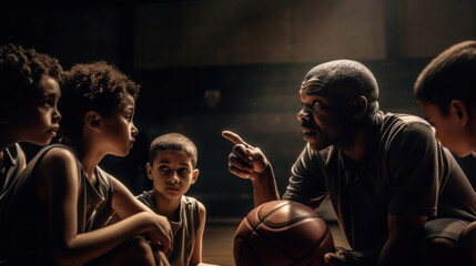 Fototapeta na wymiar Afro male coach inspires youth basketball players. Generative A