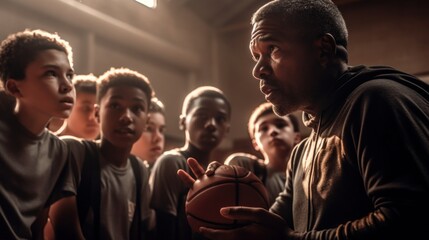Fototapeta premium Male coach motivates young basketball team. Generative AI