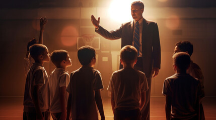 Male coach motivates young basketball team. Generative AI