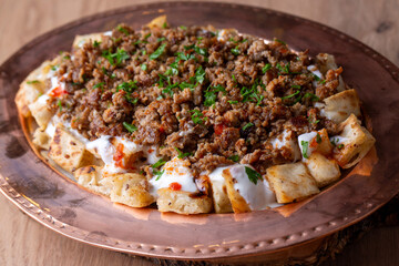 Turkish traditional food of Kastamonu tirit meal, yoghutr and bread. Turkish name; tirit kebabi