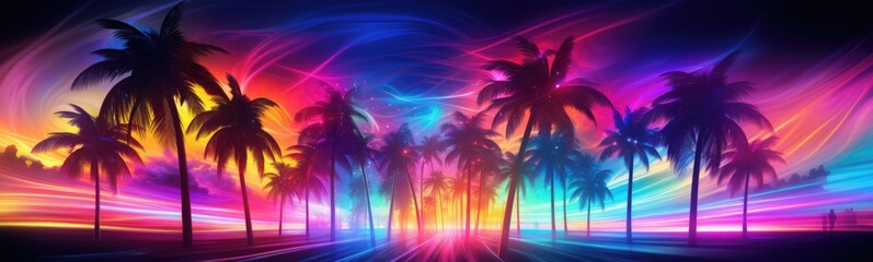 Fototapeta na wymiar Travel palm neon color banner