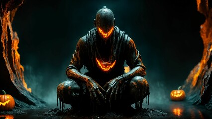 Fototapeta premium Scary man holding a pumkin, in a dark cave. Monster concept, halloween.
