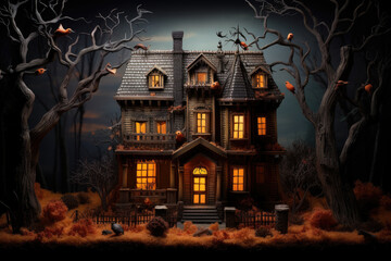 Fototapeta na wymiar Dark haunted house decoration for Halloween party background with Pumpkin candle in Spooky Night, ghost day design concept, Horror creepy Houses scene.