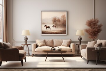 Brown leather chairs and grey sofa in room with fireplace. Mid-century style home interior design of modern living room.