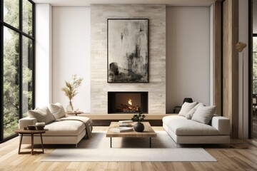 Fototapeta na wymiar Brown leather chairs and grey sofa in room with fireplace. Mid-century style home interior design of modern living room.