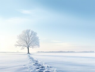Winter landscape with white frost on the tree, cold winter day. Generative AI.
