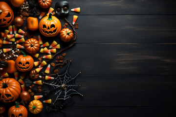 trick or treat halloween flat lay background with pumkins and sweets. Generative Ai	
 - Powered by Adobe