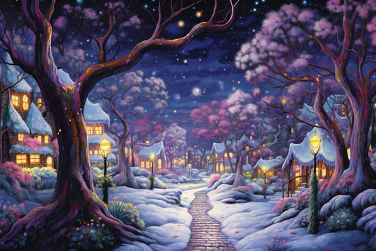 Winter night in the village,  Winter fairy tale,  Digital painting