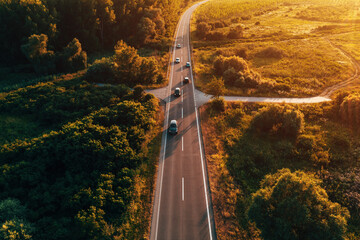 Countryside road with many cars in sunset, aerial shot from drone pov