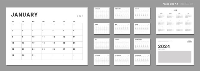 Set of Monthly pages Calendar Planner Templates 2024-2025 for wall or desk with Cover and place for Photo, Logo. Vector layout of simple calendar with week start Monday for print. Pages for size A4 - obrazy, fototapety, plakaty