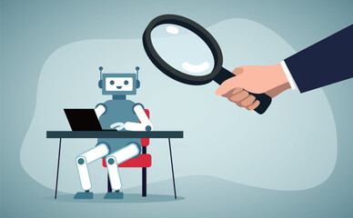 Human boss inspects AI's work ability.Manager monitoring every details, excessive supervision and control of AI work and processes.