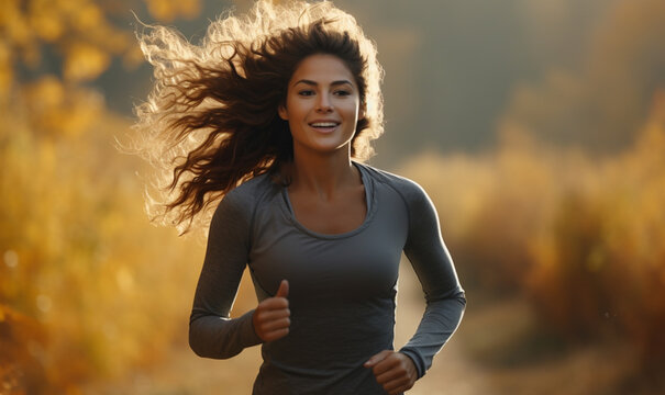 Happy sportswoman jogging in autumn park.  Triathlon running, outdoor nature.
