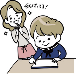 自宅で勉強する我が子に喜ぶ母親