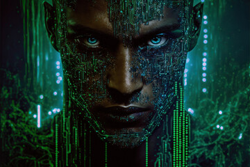 beautiful cyborg man, circuit board computer, artificial intelligence, technology of the future, 