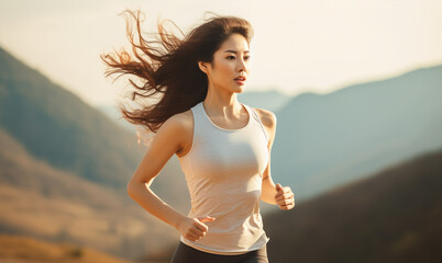 Beautiful asian woman running trail outdoor workout on view of mountian. living healthy lifestyle enjoying outdoor activity.