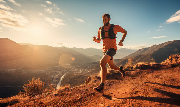 A trail runner running up a mountain trail as the sun rises behind him over the mountain peaks.