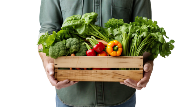 Farmer holding a wooden box full of fresh organic vegetables on white background - Powered by Adobe