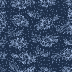 Seamless Pattern Blue Hand Drawn Floral