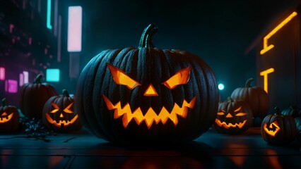 Halloween pumpkins with scary faces on dark background, glowing eye, close up jack-o-lantern 