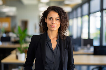 Obraz premium Smiling multicultural businesswoman with her office in the background